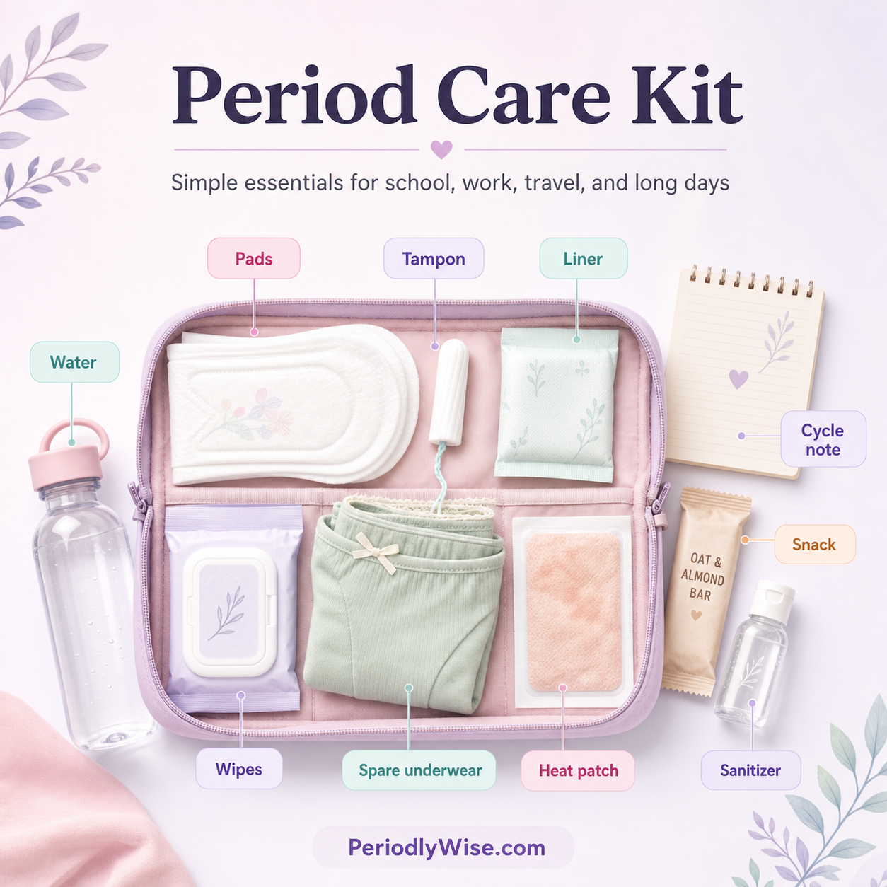 Period care kit flat-lay with pads, tampon, liner, wipes, spare underwear, heat patch, water, snack, sanitizer, and cycle note