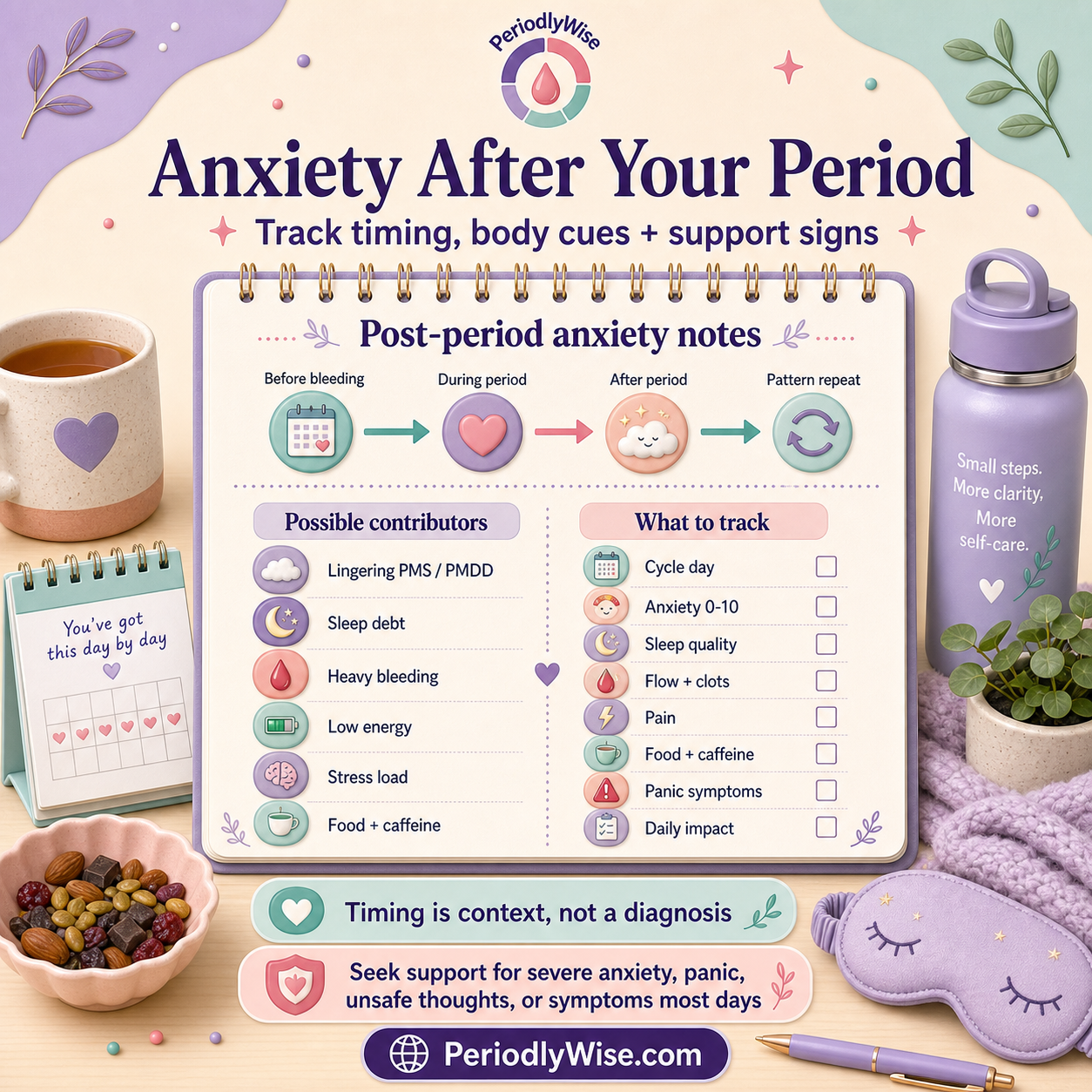 PeriodlyWise visual guide about anxiety after a period with cycle timing, hormone shifts, low energy, sleep, stress, PMDD tail, iron symptoms, and tracking cues