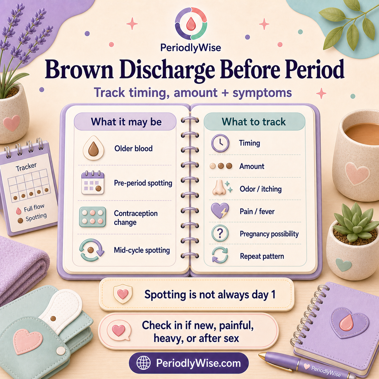 PeriodlyWise visual guide about brown discharge before a period with timing, amount, odor, itching, pain, pregnancy possibility, contraception changes, and what to track