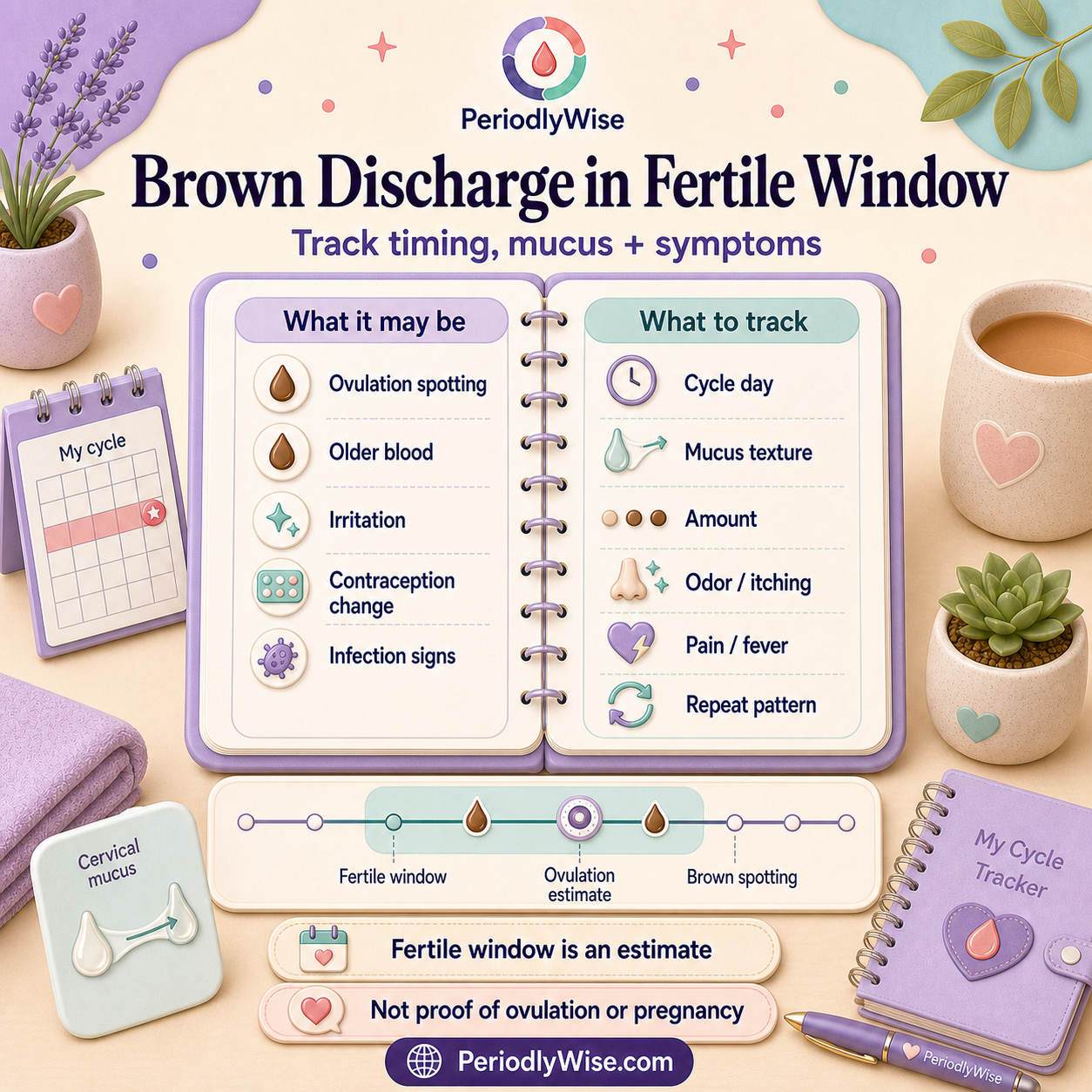 PeriodlyWise visual guide about brown discharge during the fertile window with ovulation spotting, cervical mucus, amount, odor, itching, pain, pregnancy possibility, contraception, and what to track