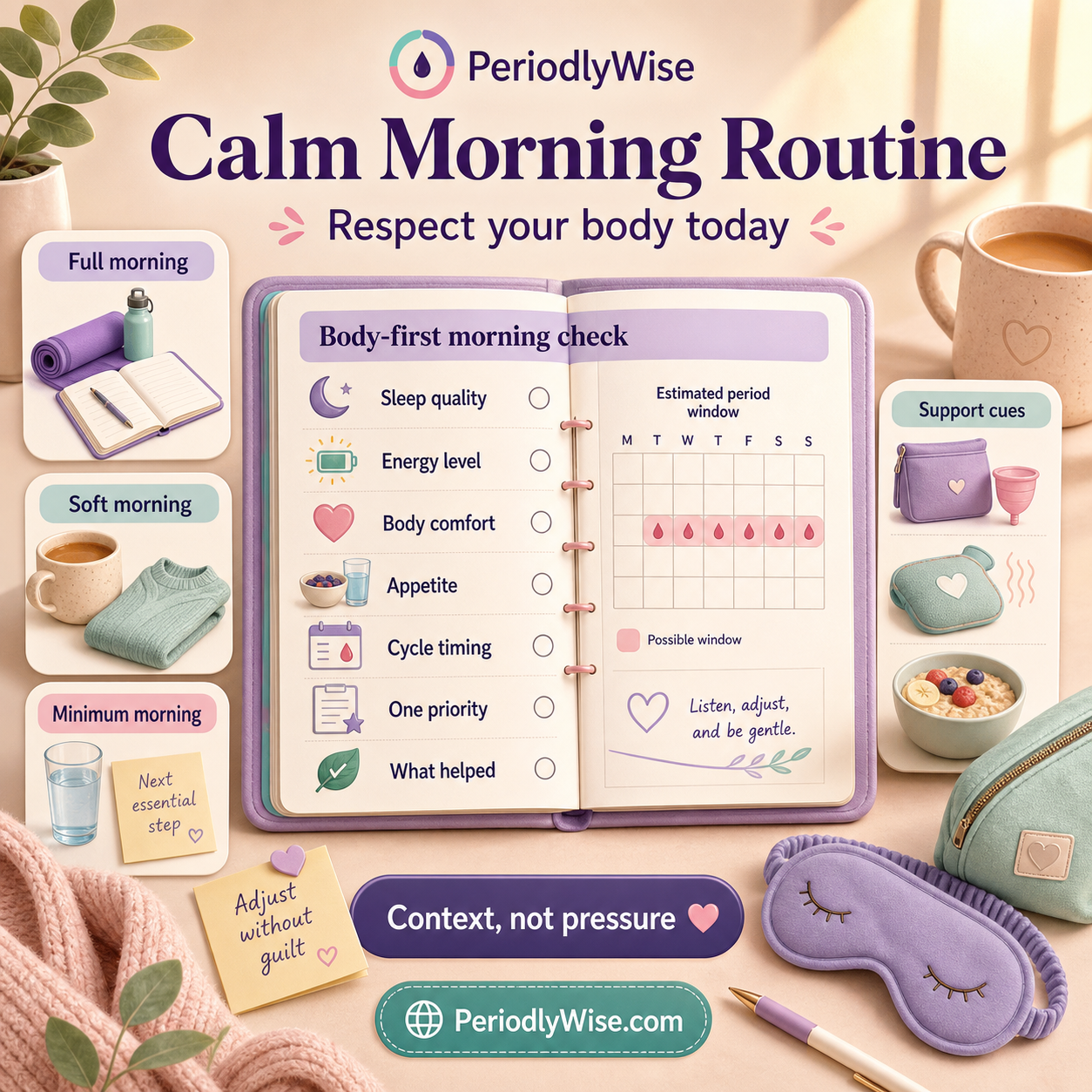 PeriodlyWise infographic titled Calm Morning Routine showing a body-first morning checklist with sleep quality, energy level, body comfort, appetite, cycle timing, one priority, what helped, and full, soft, and minimum morning versions