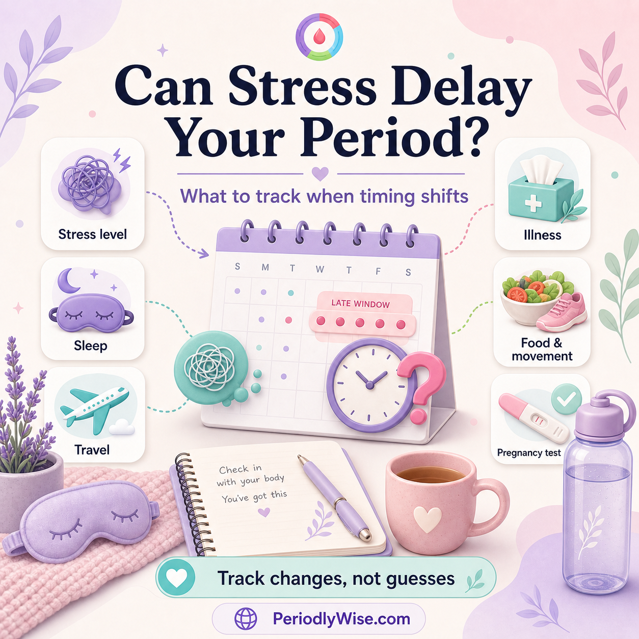 PeriodlyWise illustration about stress delaying a period with stress level, sleep, travel, illness, food and movement, and pregnancy test tracking labels