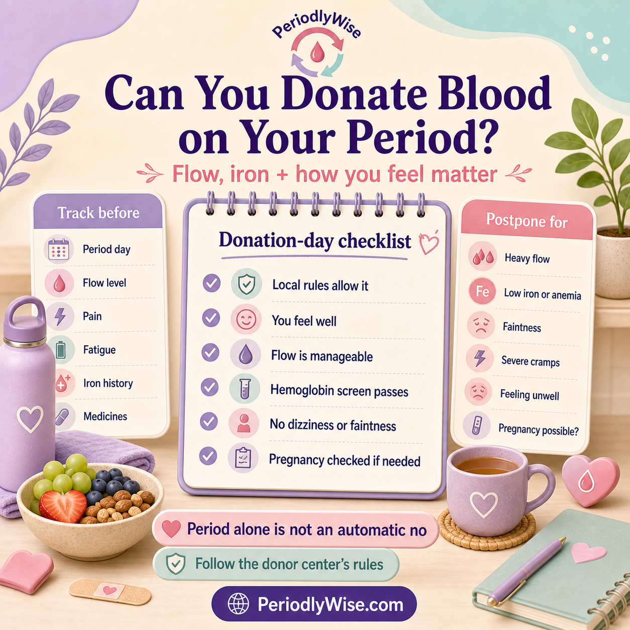 PeriodlyWise infographic with a blood-donation checklist for period flow, iron history, symptoms, hemoglobin screening, local rules, and pregnancy possibility