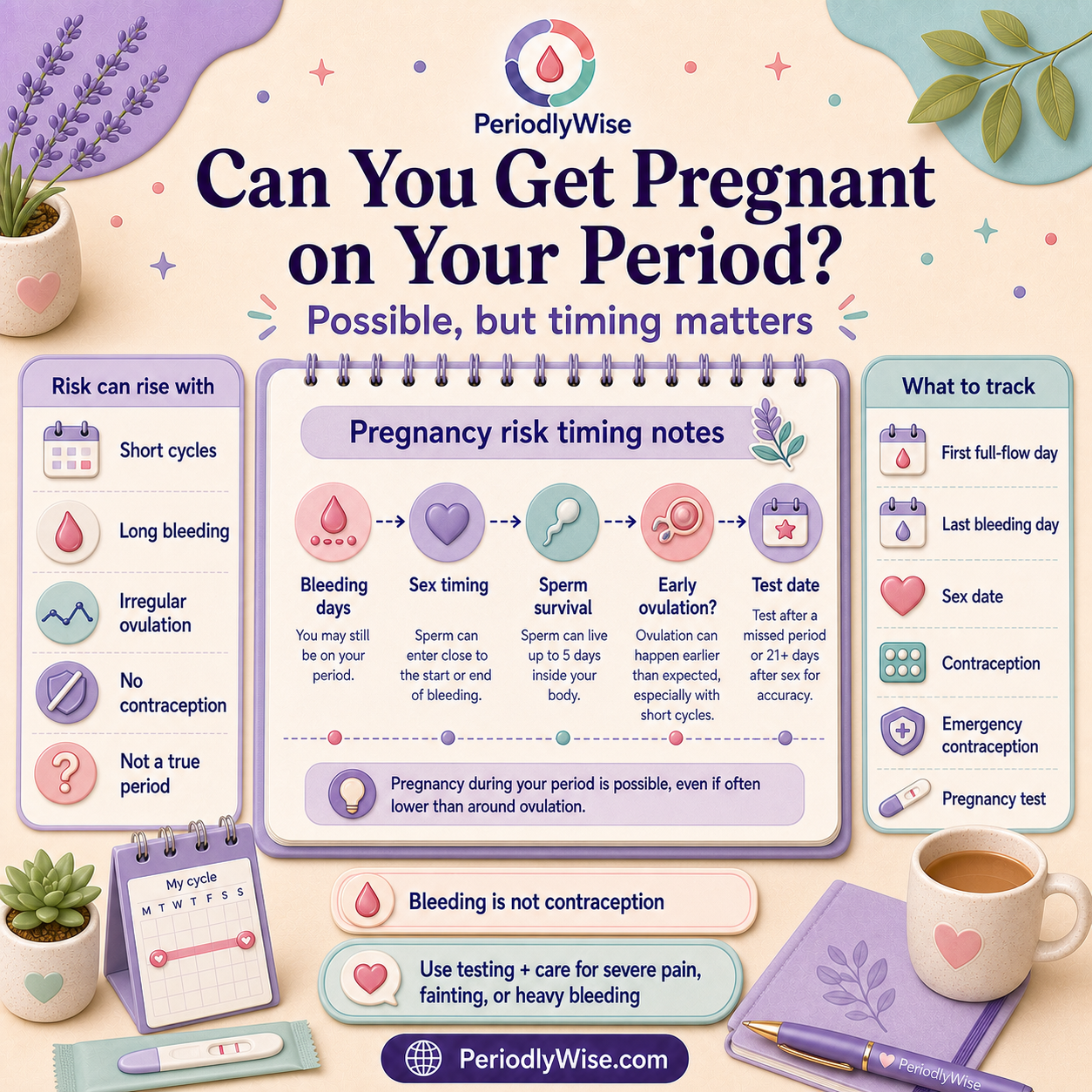 PeriodlyWise infographic about pregnancy risk during period bleeding, including short cycles, sperm survival, early ovulation, contraception, emergency contraception, and pregnancy testing