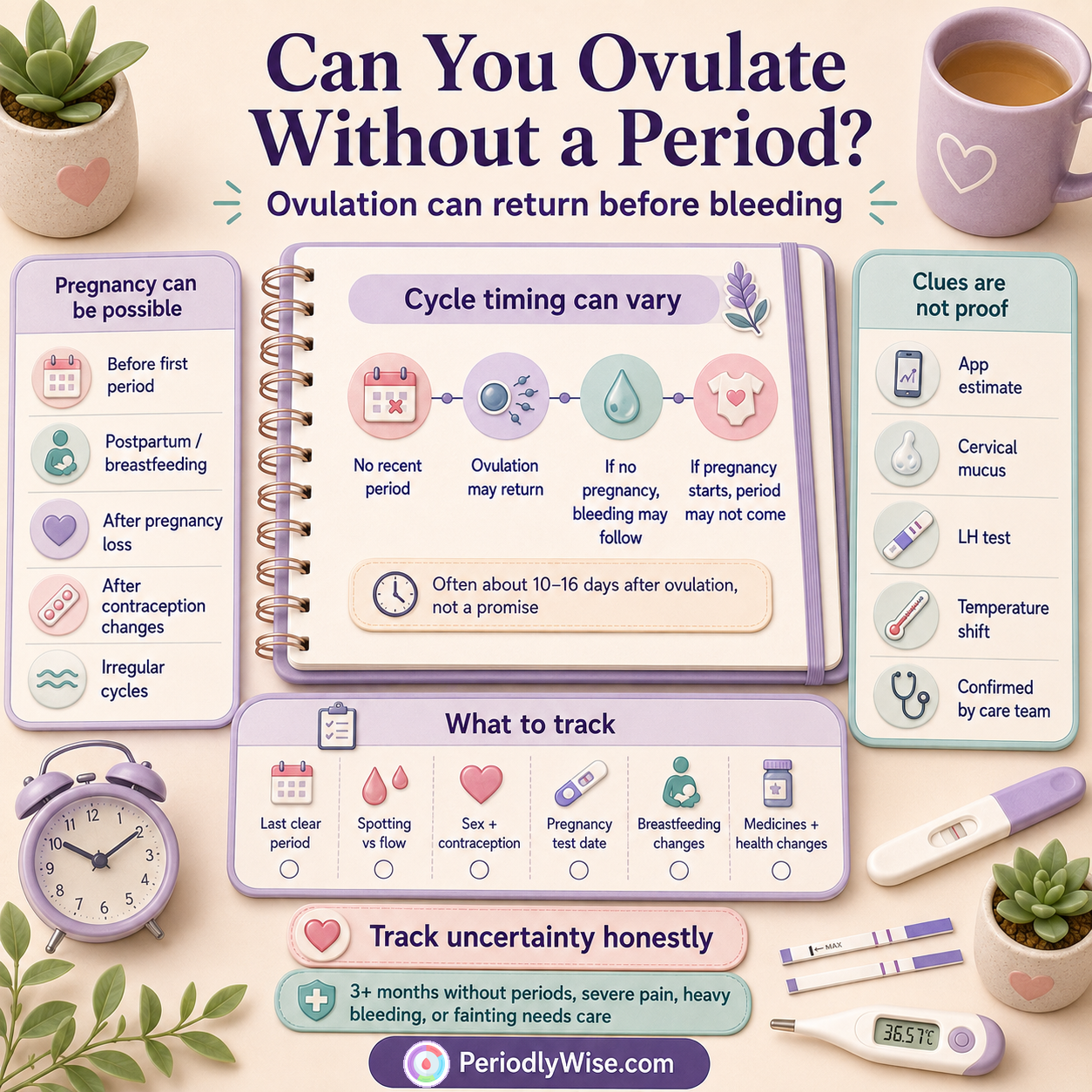 PeriodlyWise visual guide showing how ovulation can occur before a first or returning period, pregnancy contexts, tracking clues, testing, and care signs