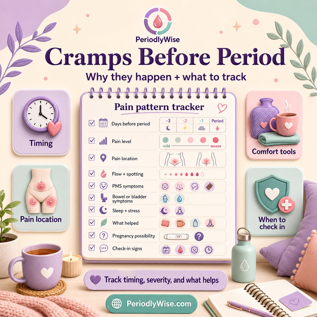 PeriodlyWise infographic about cramps before period with days before period, pain level, pain location, flow, PMS symptoms, bowel and bladder symptoms, sleep, stress, what helped, and check-in signs