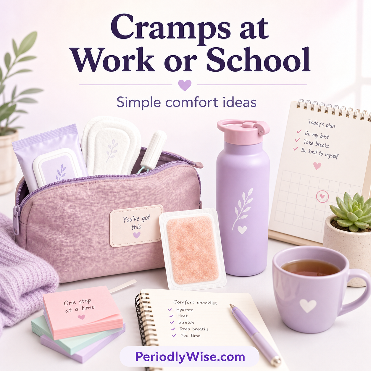 PeriodlyWise illustration for managing period cramps at work or school with water, heat, a notebook, and a small care kit