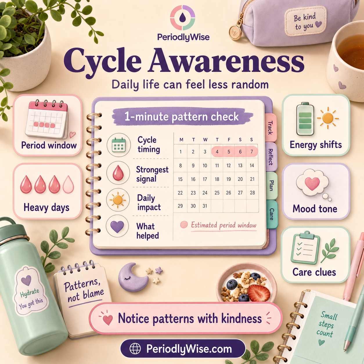 PeriodlyWise infographic titled Cycle Awareness showing a one-minute pattern check with cycle timing, strongest signal, daily impact, what helped, period window, heavy days, energy shifts, mood tone, care clues, and the reminder to notice patterns with kindness