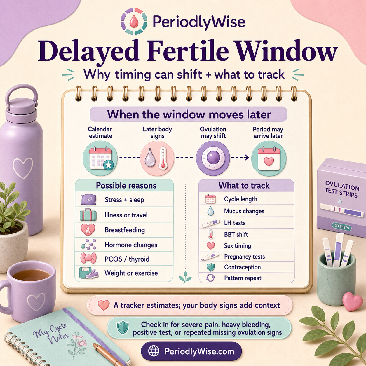 PeriodlyWise visual guide about a delayed fertile window with late ovulation, longer cycle, stress, illness, breastfeeding, PCOS, thyroid changes, cervical mucus, ovulation tests, basal body temperature, and what to track