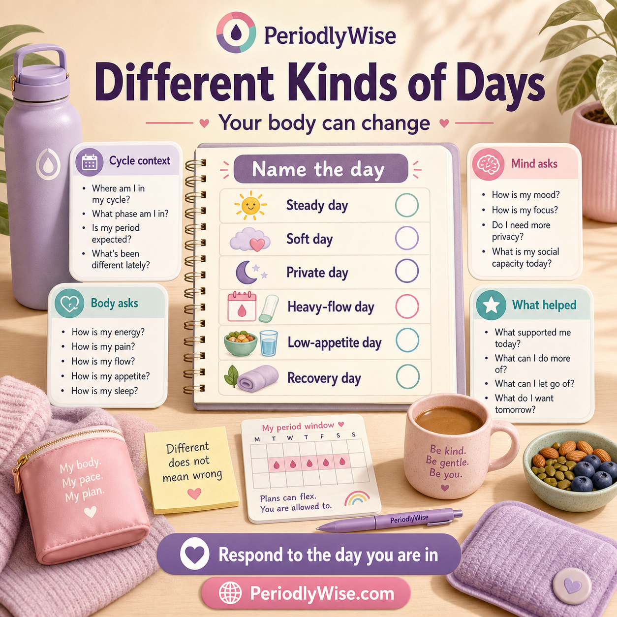 PeriodlyWise infographic about different kinds of body days, showing steady days, soft days, private days, period days, recovery days, cycle context, support, and what helped