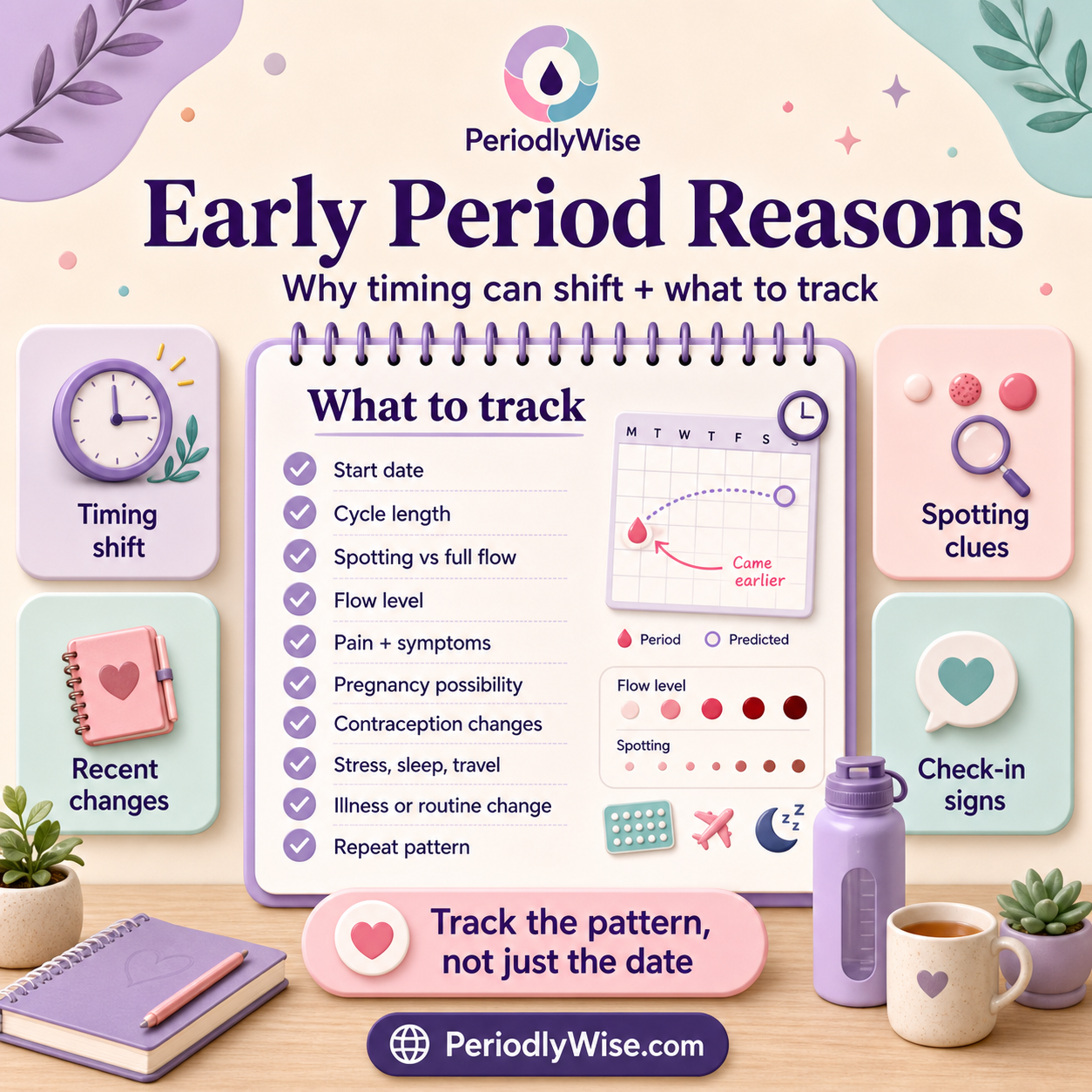 PeriodlyWise infographic about early period reasons with cycle length, start date, spotting versus full flow, flow level, contraception changes, stress, sleep, travel, illness, pregnancy possibility, repeat patterns, and check-in signs