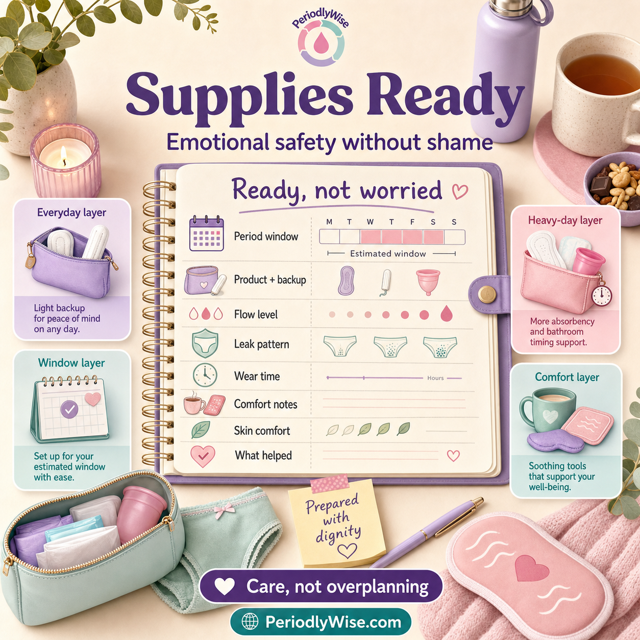 PeriodlyWise infographic about the emotional safety of having period supplies ready, showing period-window readiness, product and backup, flow level, leak pattern, wear time, comfort notes, skin comfort, what helped, and everyday, window, heavy-day, and comfort supply layers