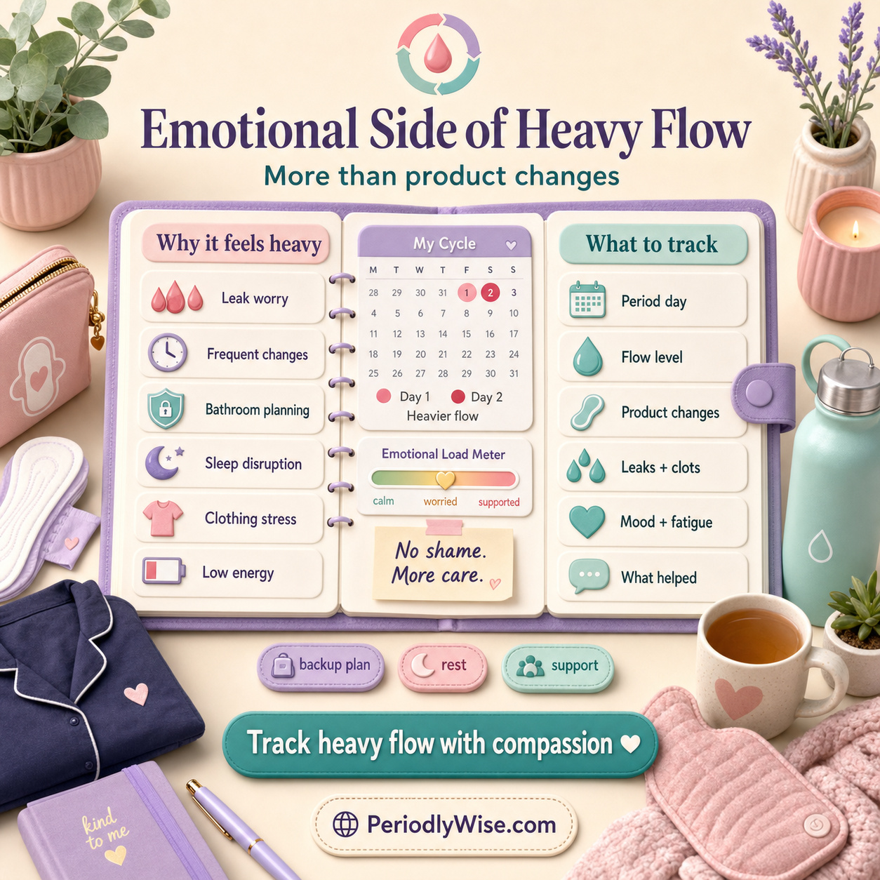 PeriodlyWise illustration about the emotional side of heavy flow with leak worry, frequent changes, bathroom planning, sleep disruption, clothing stress, low energy, period day, flow level, product changes, leaks, clots, mood, fatigue, and what helped tracking labels