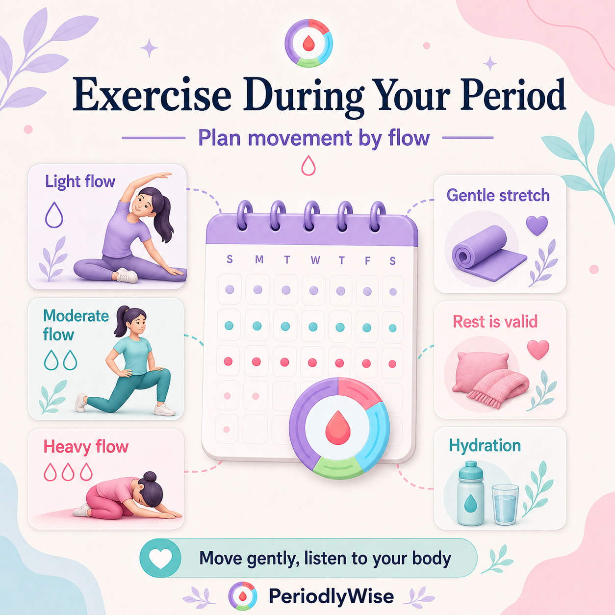 PeriodlyWise illustration about exercise during your period with light flow, moderate flow, heavy flow, gentle stretch, rest, and hydration labels