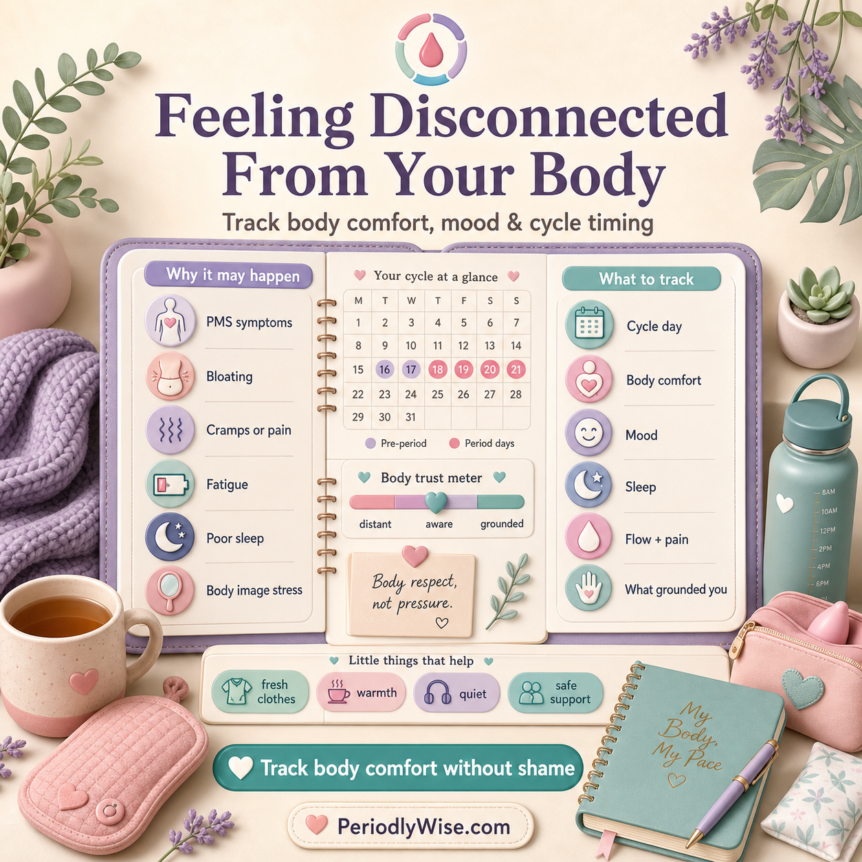 PeriodlyWise illustration about feeling disconnected from your body with PMS symptoms, bloating, cramps, fatigue, poor sleep, body image stress, cycle day, body comfort, mood, sleep, flow, pain, and grounding support tracking labels