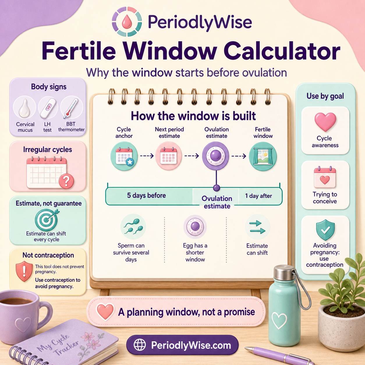 PeriodlyWise visual guide showing how a fertile window calculator estimates days before and after likely ovulation