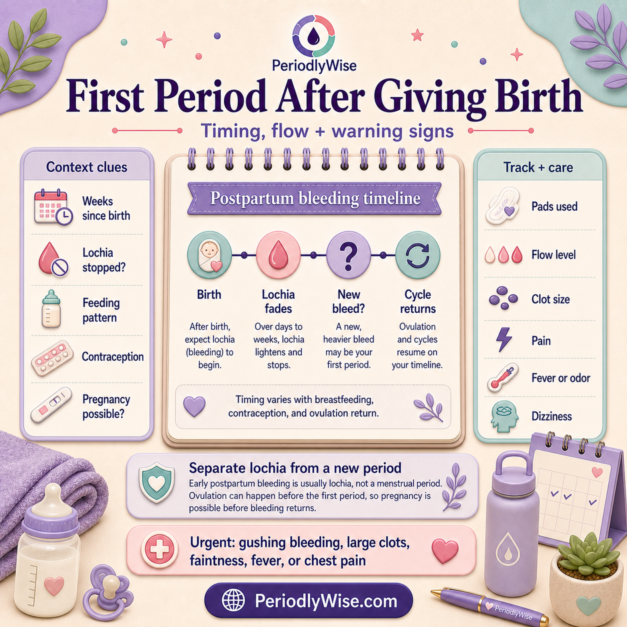 Postpartum bleeding timeline comparing lochia with the first period after birth and showing what to track and when to seek care
