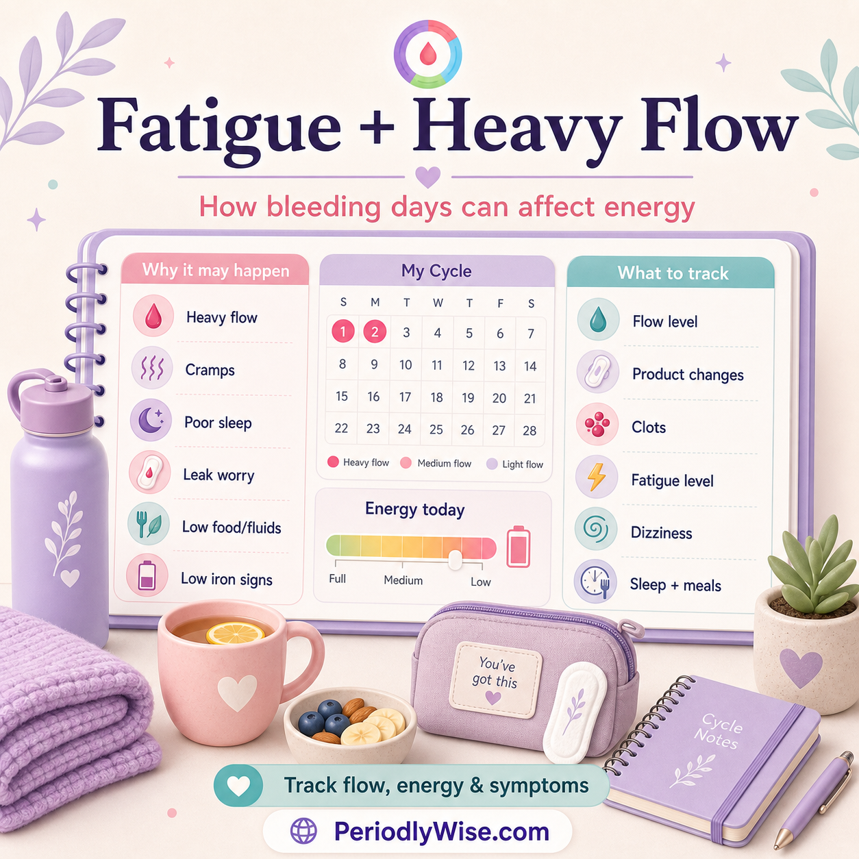 PeriodlyWise illustration about fatigue and heavy flow with heavy bleeding days, cramps, poor sleep, leak worry, low food and fluids, low iron signs, flow level, product changes, clots, fatigue level, dizziness, sleep, and meals tracking labels