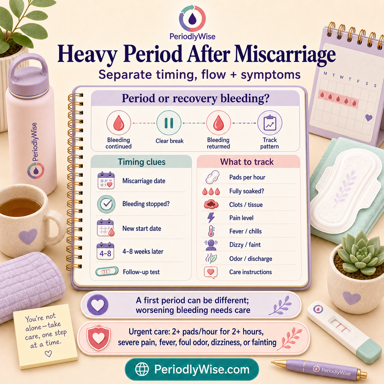 PeriodlyWise visual guide about heavy period after miscarriage with bleeding timing, pad changes, clots, pain, fever, pregnancy test follow-up, and when to seek care