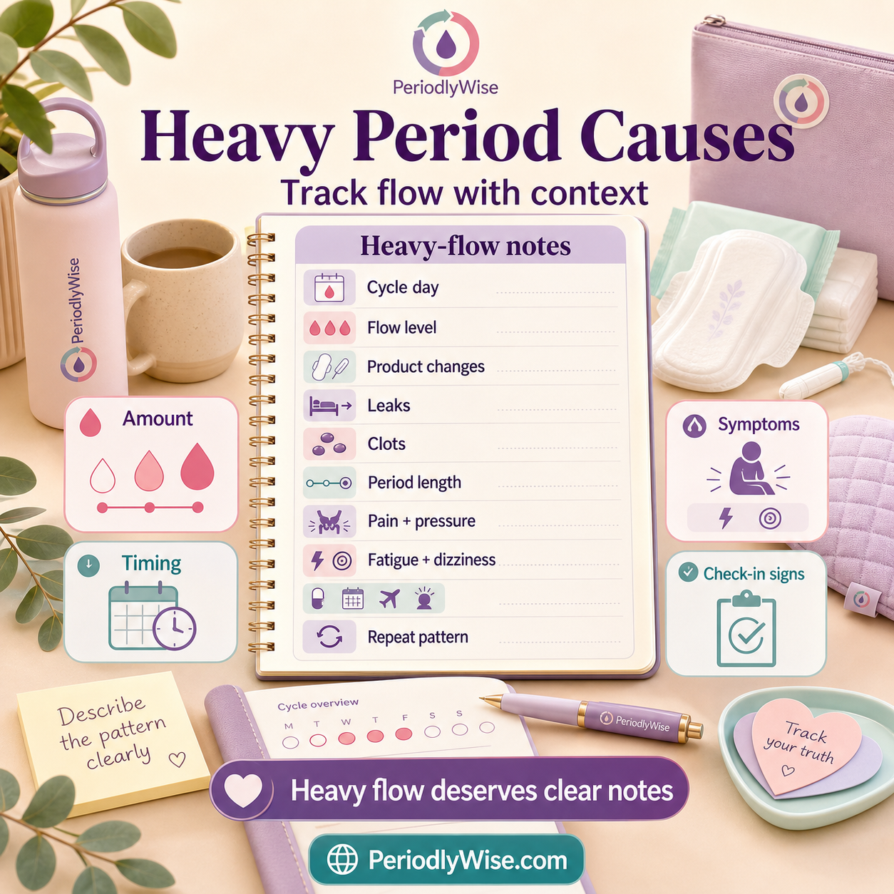 PeriodlyWise infographic about heavy period causes with flow level, clots, product changes, leaks, pain, fatigue, dizziness, contraception changes, pregnancy possibility, and when to seek care