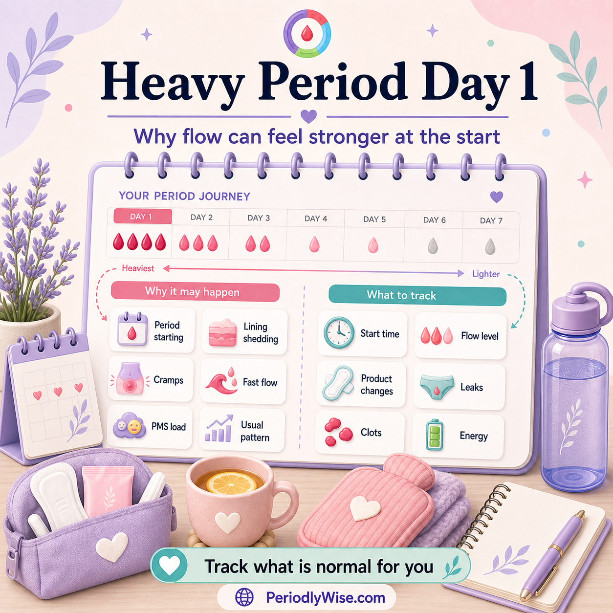 PeriodlyWise illustration about heavy period day 1 with period starting, lining shedding, cramps, fast flow, PMS load, usual pattern, start time, flow level, product changes, leaks, clots, and energy tracking labels
