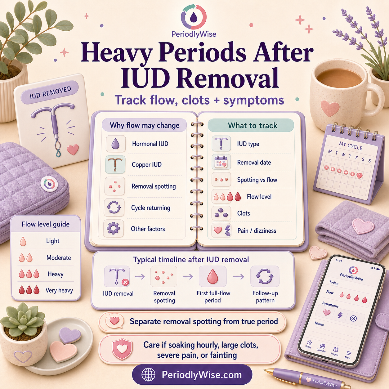 PeriodlyWise visual guide about heavy periods after IUD removal with hormonal IUD, copper IUD, removal date, first true period, clots, pad changes, pregnancy testing, pain, fever, and when to seek care