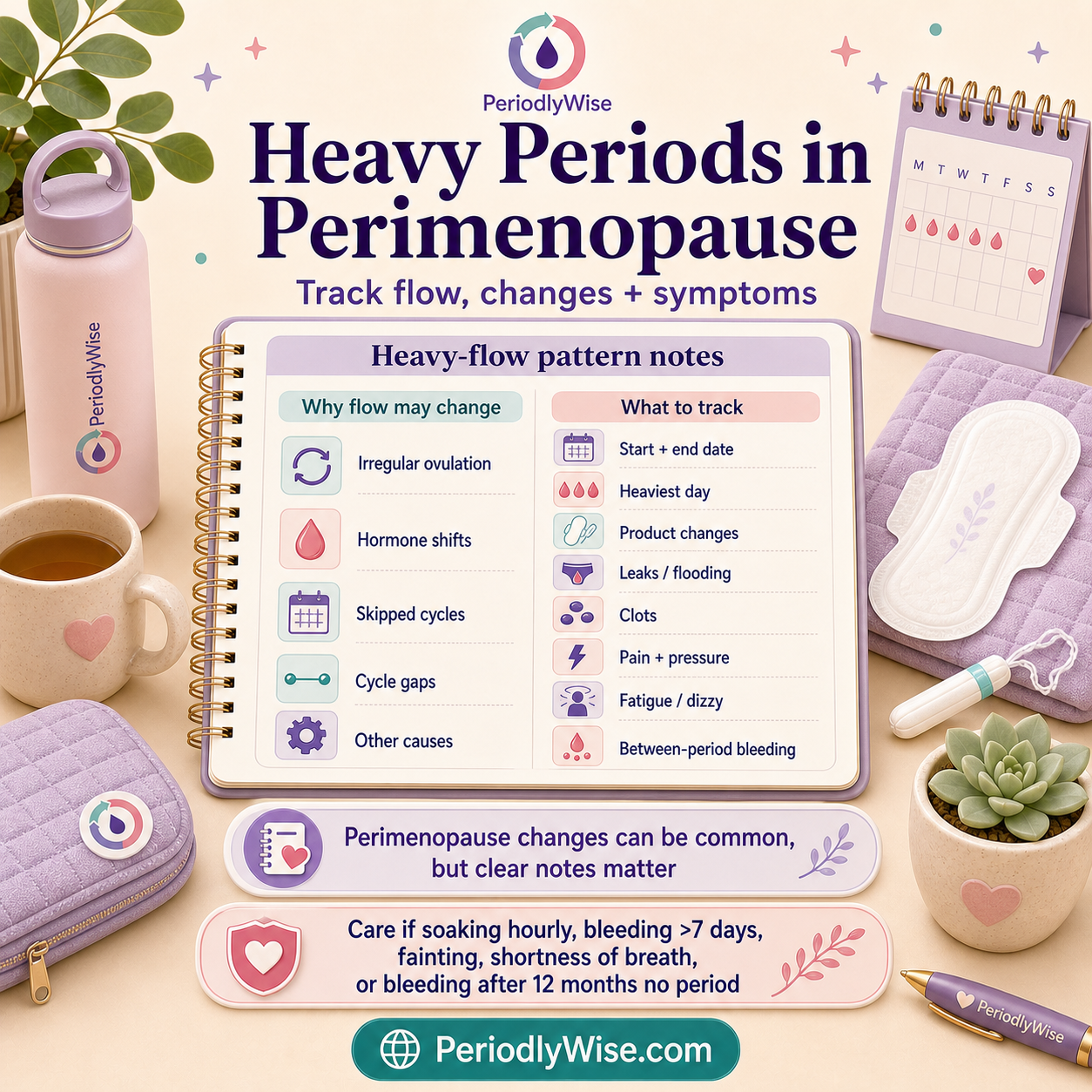 PeriodlyWise visual guide about heavy periods during perimenopause with changing flow, clots, cycle timing, anemia symptoms, and when to seek care