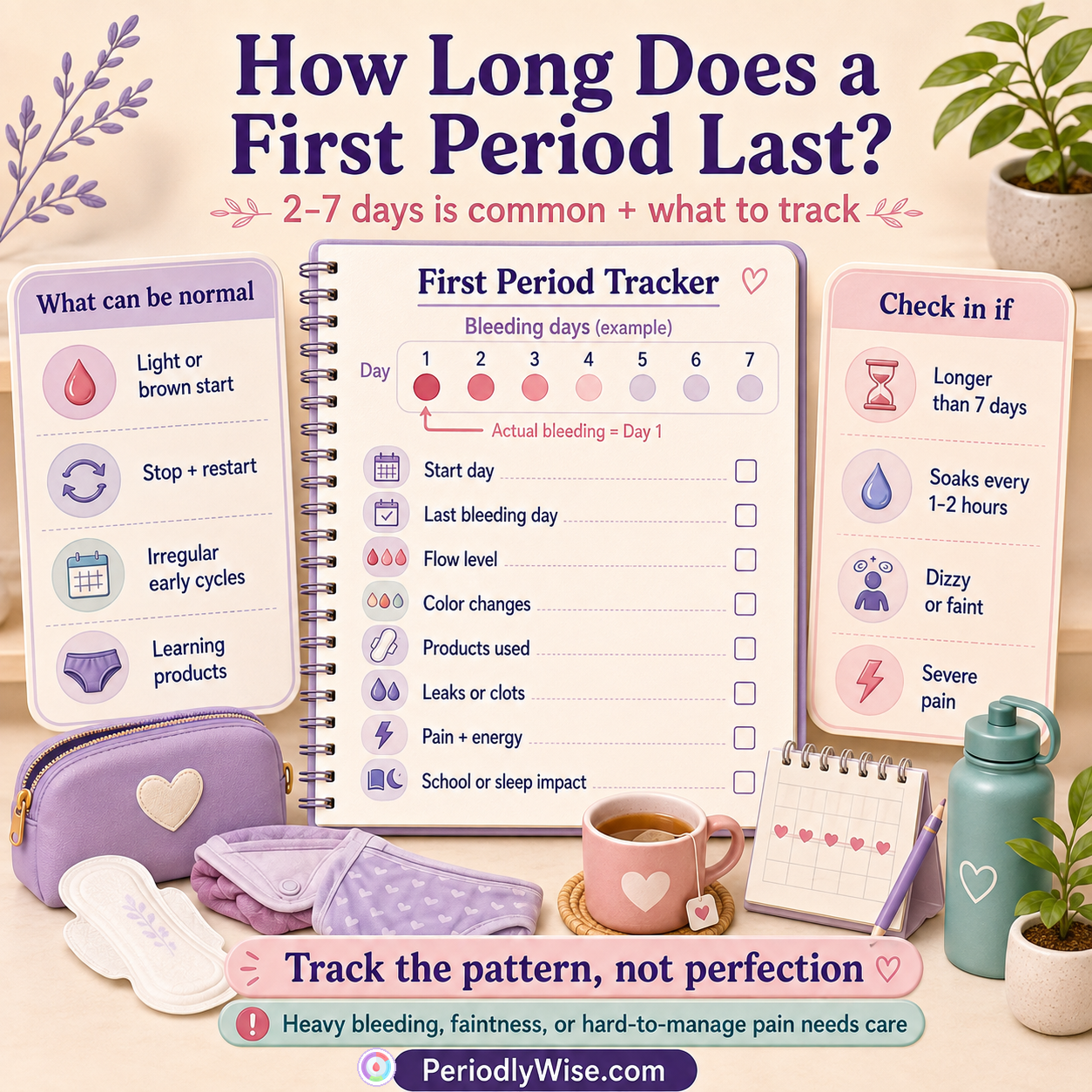 PeriodlyWise visual first-period tracker showing the common 2-to-7-day range, flow, color, products, pain, energy, daily impact, and care signs