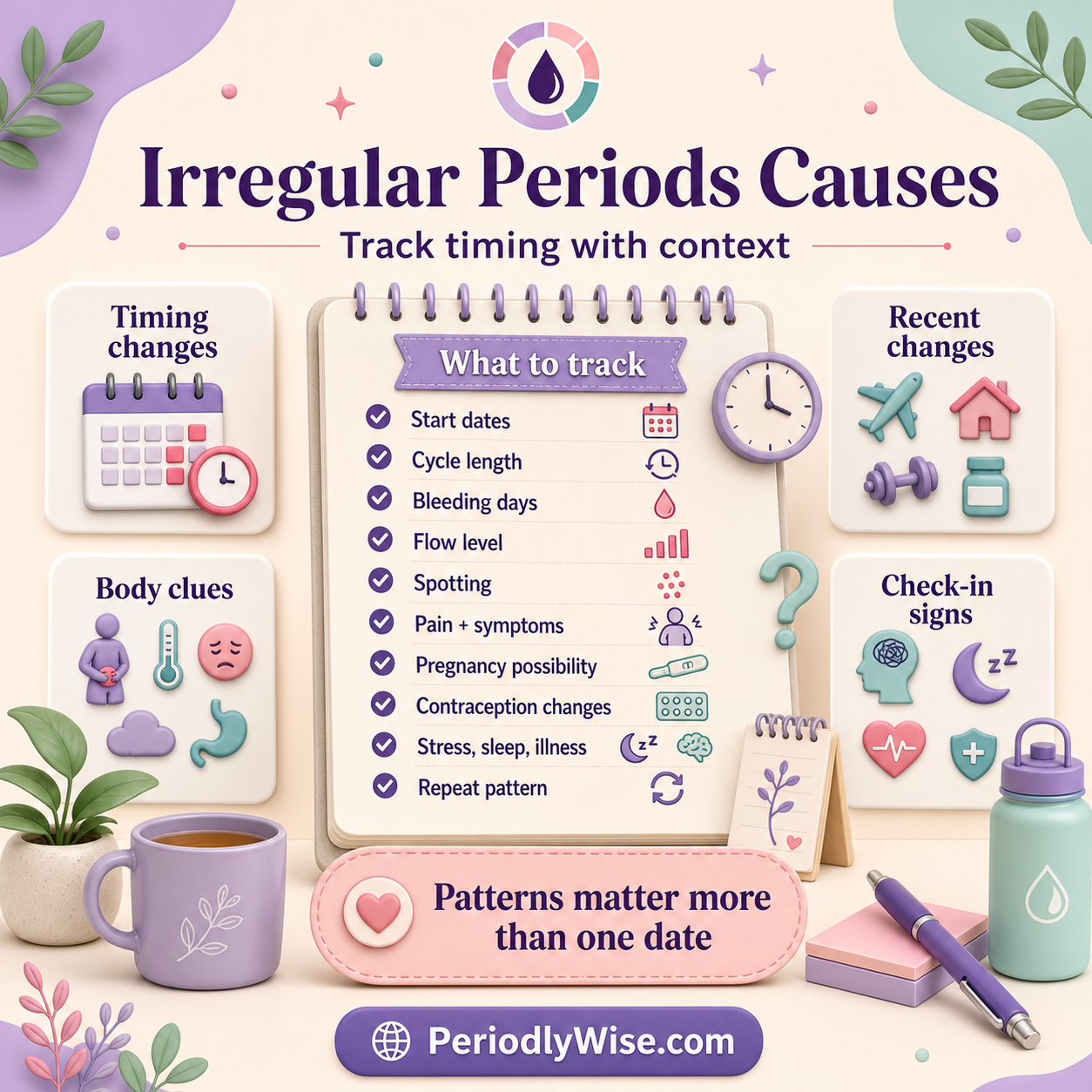 PeriodlyWise infographic about irregular periods causes with start dates, cycle length, bleeding days, flow level, spotting, pain, pregnancy possibility, contraception changes, stress, sleep, illness, repeat patterns, and check-in signs