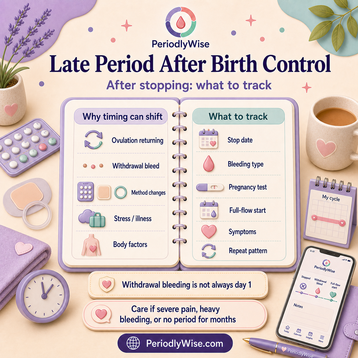 PeriodlyWise visual guide about a late period after stopping birth control with timing, pregnancy testing, withdrawal bleeding, ovulation shifts, contraception method changes, symptoms, and when to seek care