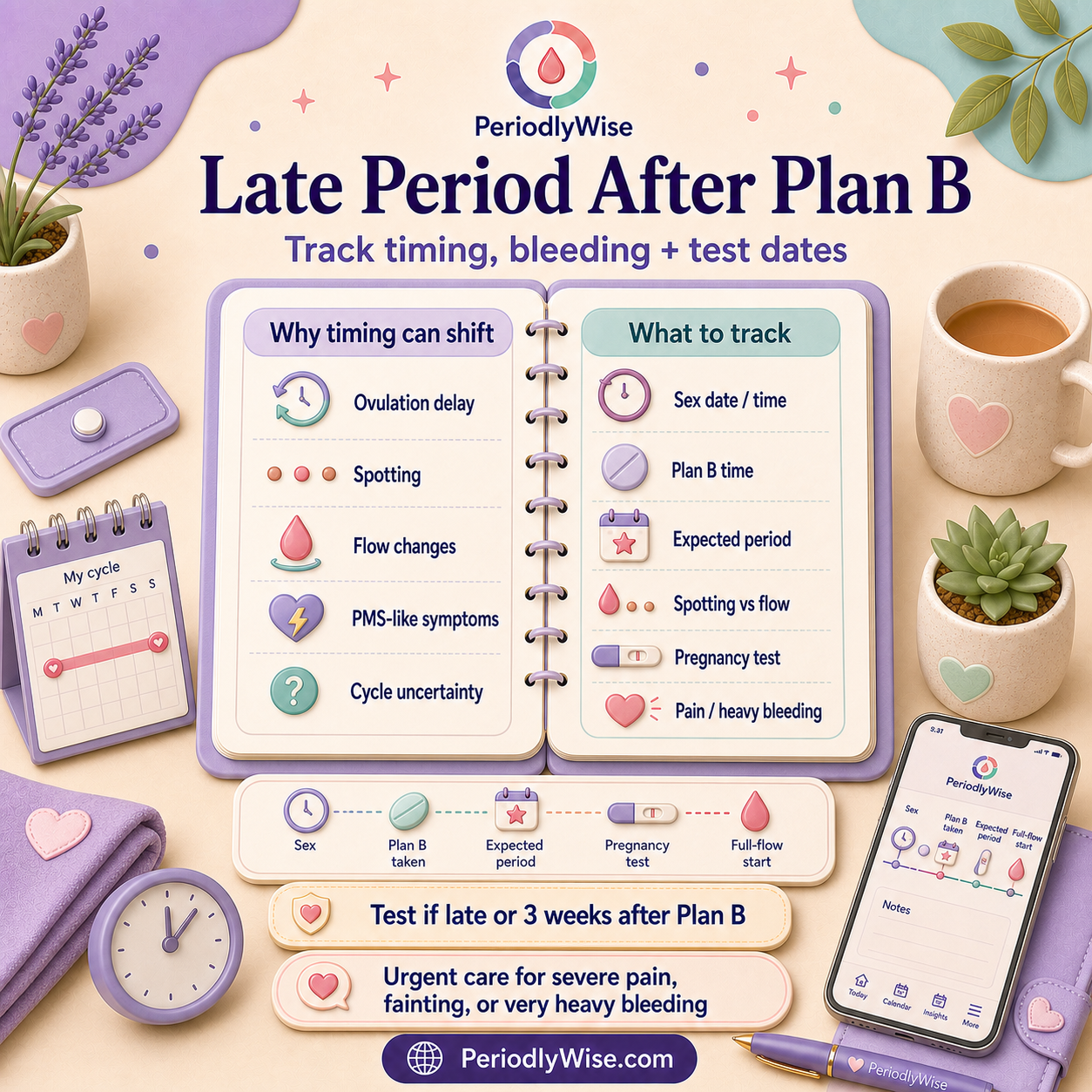 PeriodlyWise visual guide about a late period after taking Plan B with emergency contraception timing, expected period date, spotting, pregnancy test timing, pain, heavy bleeding, and what to track