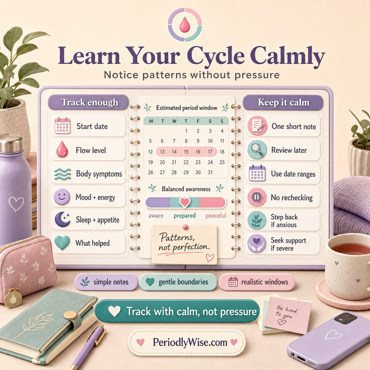PeriodlyWise infographic titled Learn Your Cycle Calmly showing gentle period tracking prompts for start date, flow level, body symptoms, mood and energy, sleep and appetite, what helped, one short note, review later, date ranges, no rechecking, stepping back if anxious, and seeking support if severe
