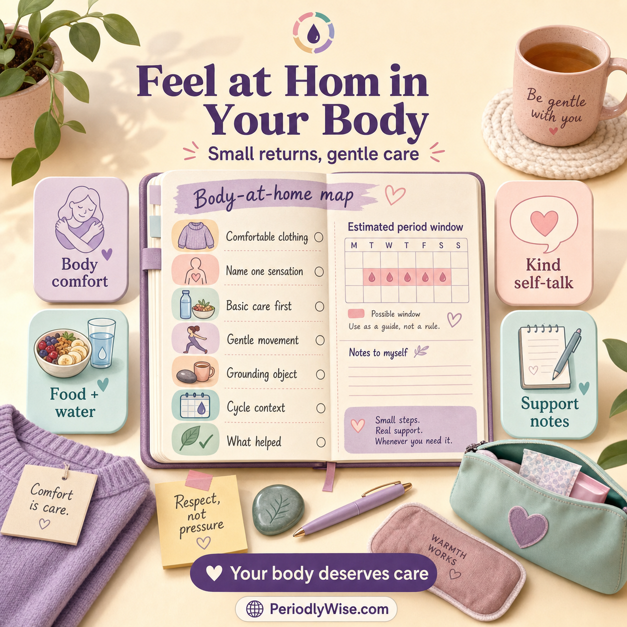 PeriodlyWise infographic titled Feel at Home in Your Body showing body respect, comfortable clothing, simple food, water, rest, gentle movement, cycle context, mood, body comfort, grounding cues, and what helped