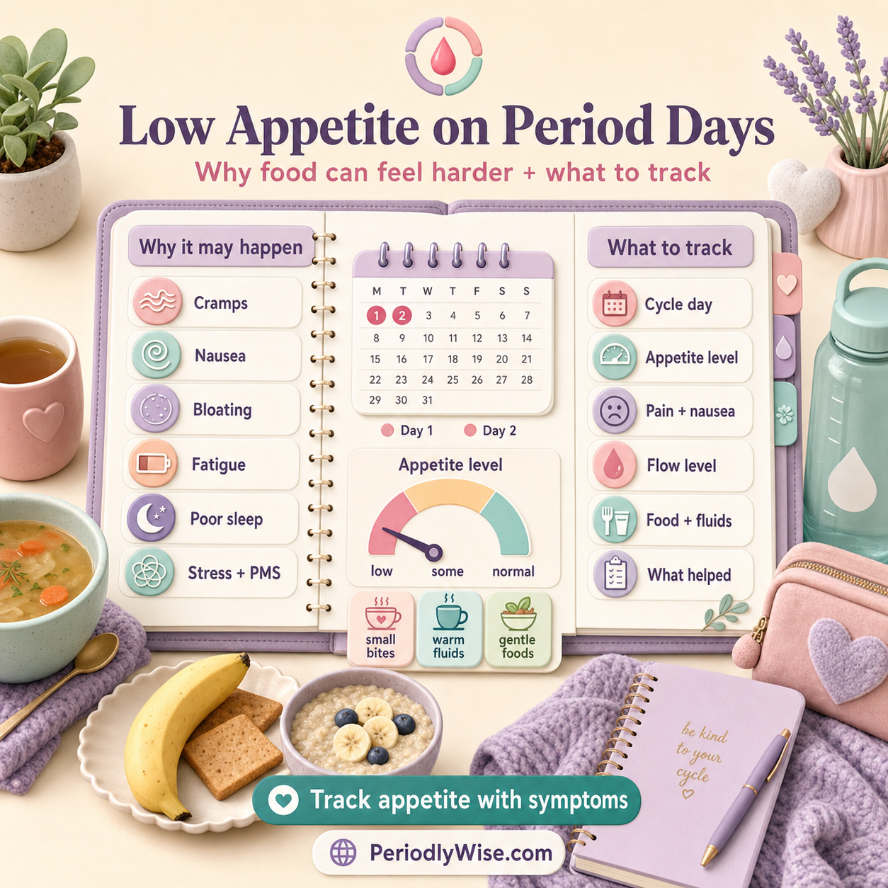 PeriodlyWise illustration about low appetite on period days with cramps, nausea, bloating, fatigue, poor sleep, stress, PMS, cycle day, appetite level, pain, nausea, flow, food, fluids, and what helped tracking labels