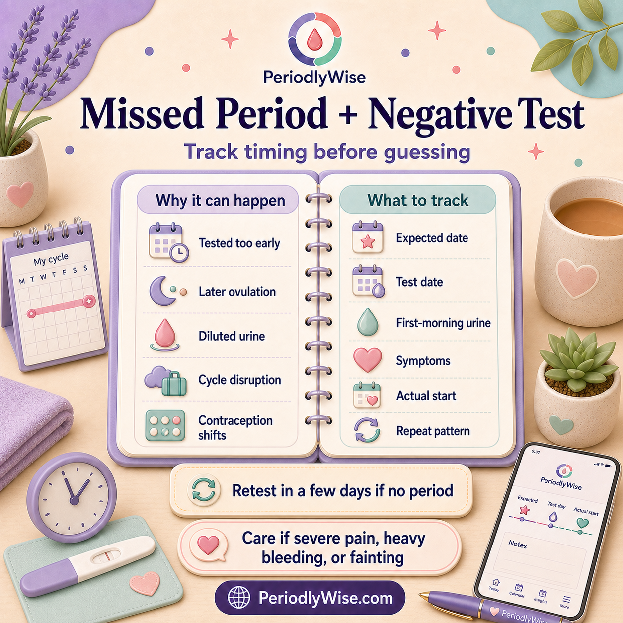 PeriodlyWise visual guide about a missed period with a negative pregnancy test showing test timing, delayed ovulation, irregular cycles, stress, contraception, symptoms, retesting, and when to seek care