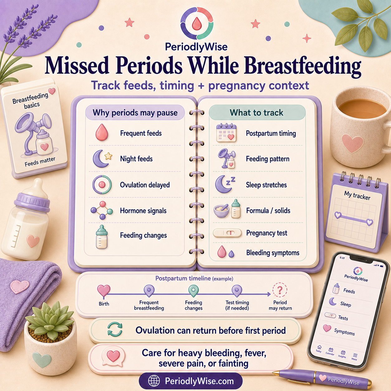 PeriodlyWise visual guide about missed periods while breastfeeding with postpartum timing, feeding pattern, lactational amenorrhea, pregnancy possibility, contraception, bleeding changes, and when to seek care
