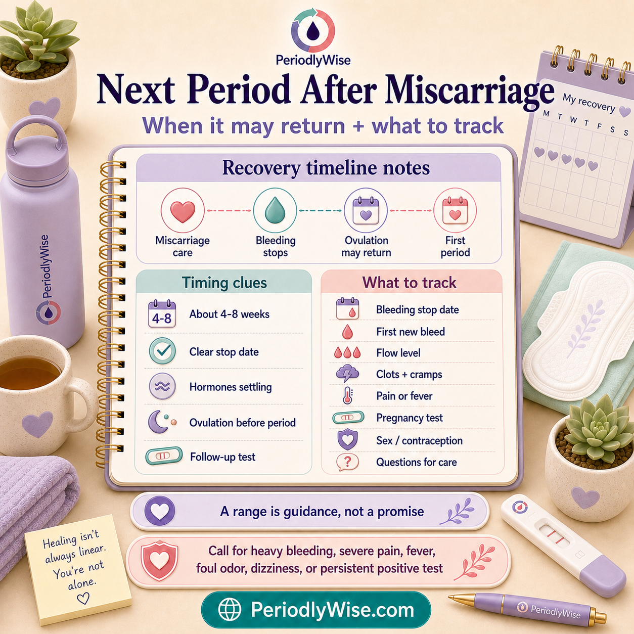PeriodlyWise visual guide about the next period after miscarriage with 4 to 8 week timing, ovulation before period, bleeding stopped date, pregnancy test, contraception, and care signs
