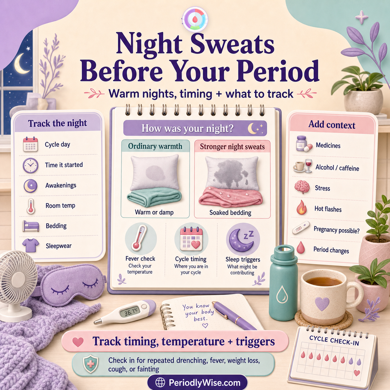 PeriodlyWise infographic comparing ordinary warmth with stronger night sweats and showing what to track, including cycle day, awakenings, room temperature, medicines, stress, fever, hot flashes, and period changes