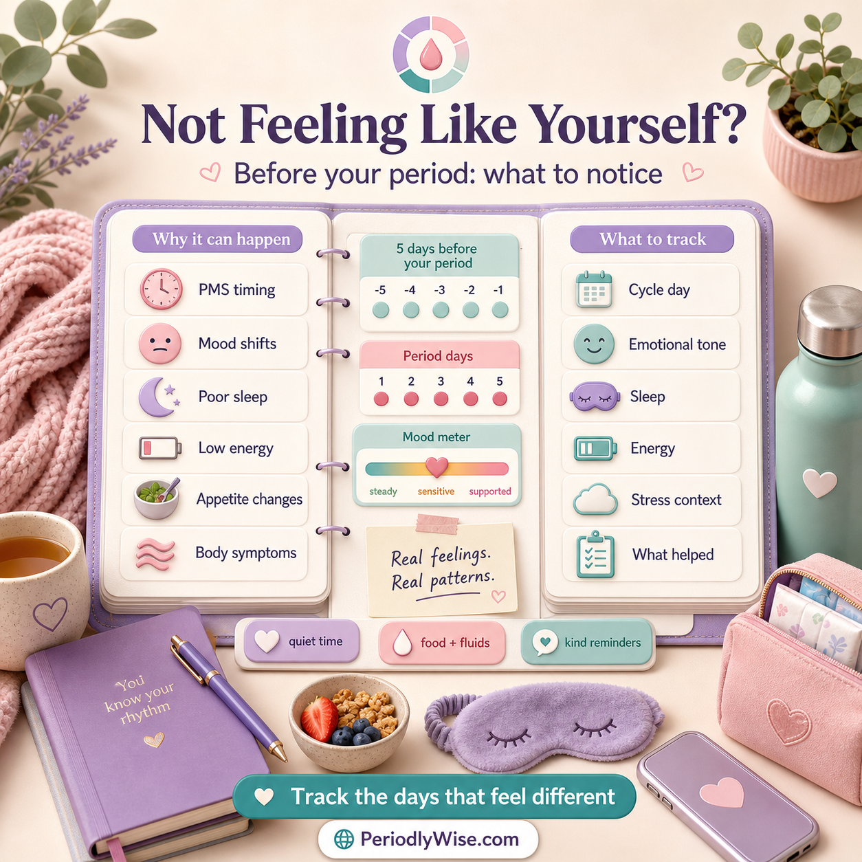 PeriodlyWise illustration about not feeling like yourself before your period with PMS timing, mood shifts, poor sleep, low energy, appetite changes, body symptoms, cycle day, emotional tone, sleep, energy, stress context, and what helped tracking labels