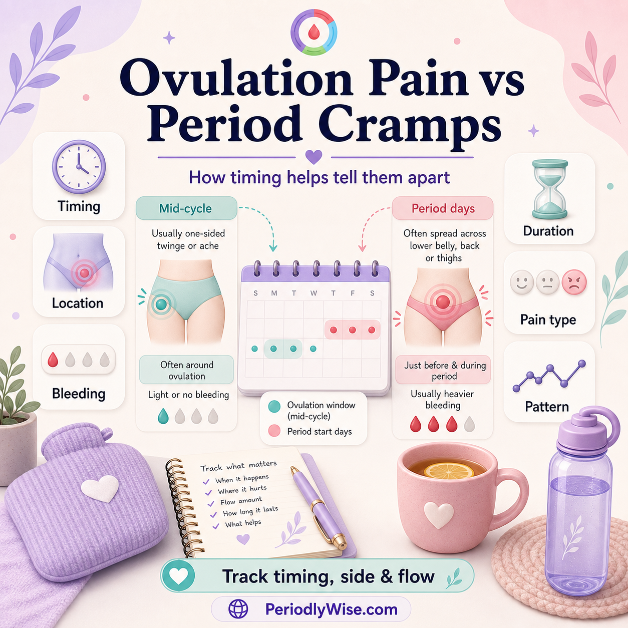 PeriodlyWise illustration comparing ovulation pain and period cramps with timing, location, bleeding, duration, pain type, and pattern tracking labels