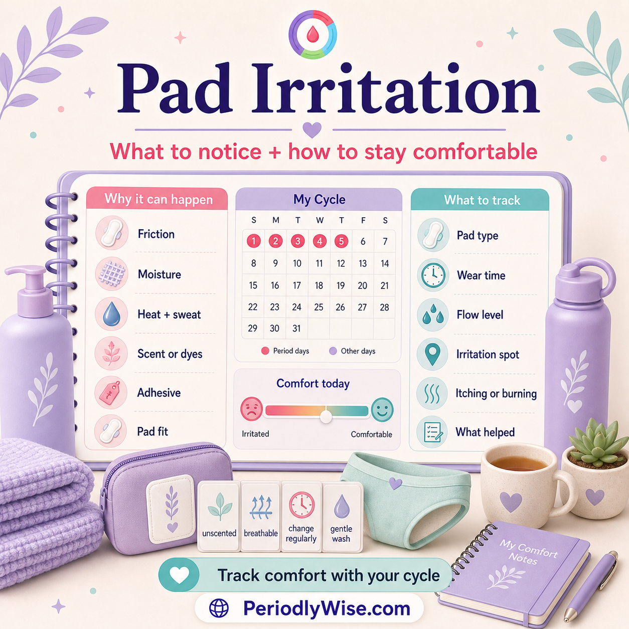 PeriodlyWise illustration about pad irritation with friction, moisture, heat, scent, pad fit, wear time, flow level, and comfort tracking labels