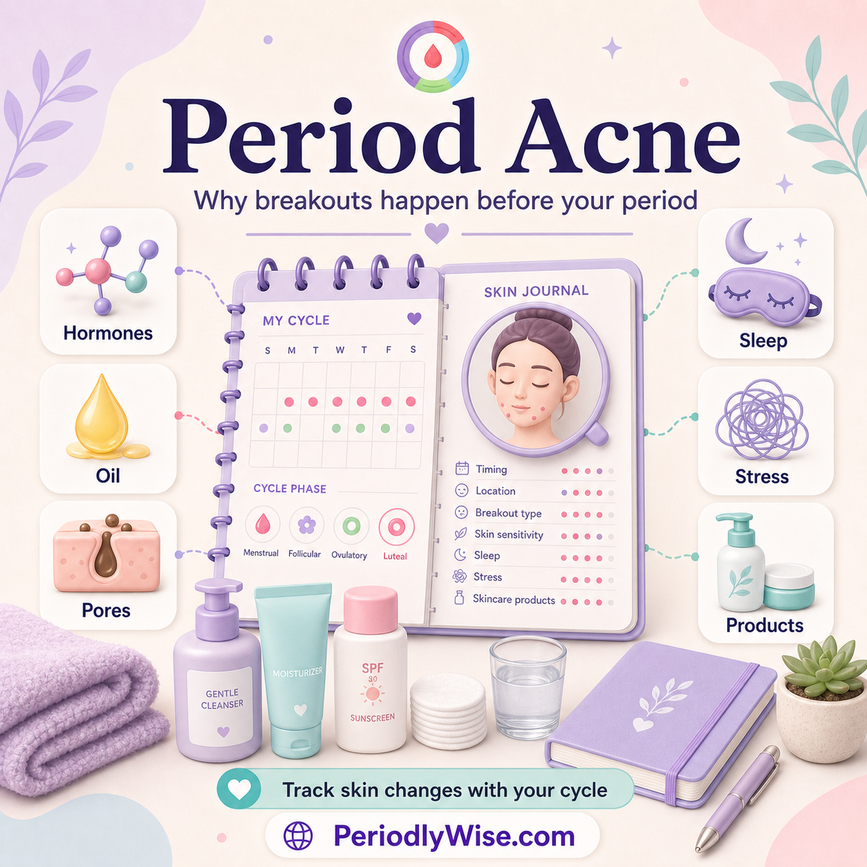 PeriodlyWise illustration about period acne with hormones, oil, pores, sleep, stress, skincare products, and cycle tracking labels