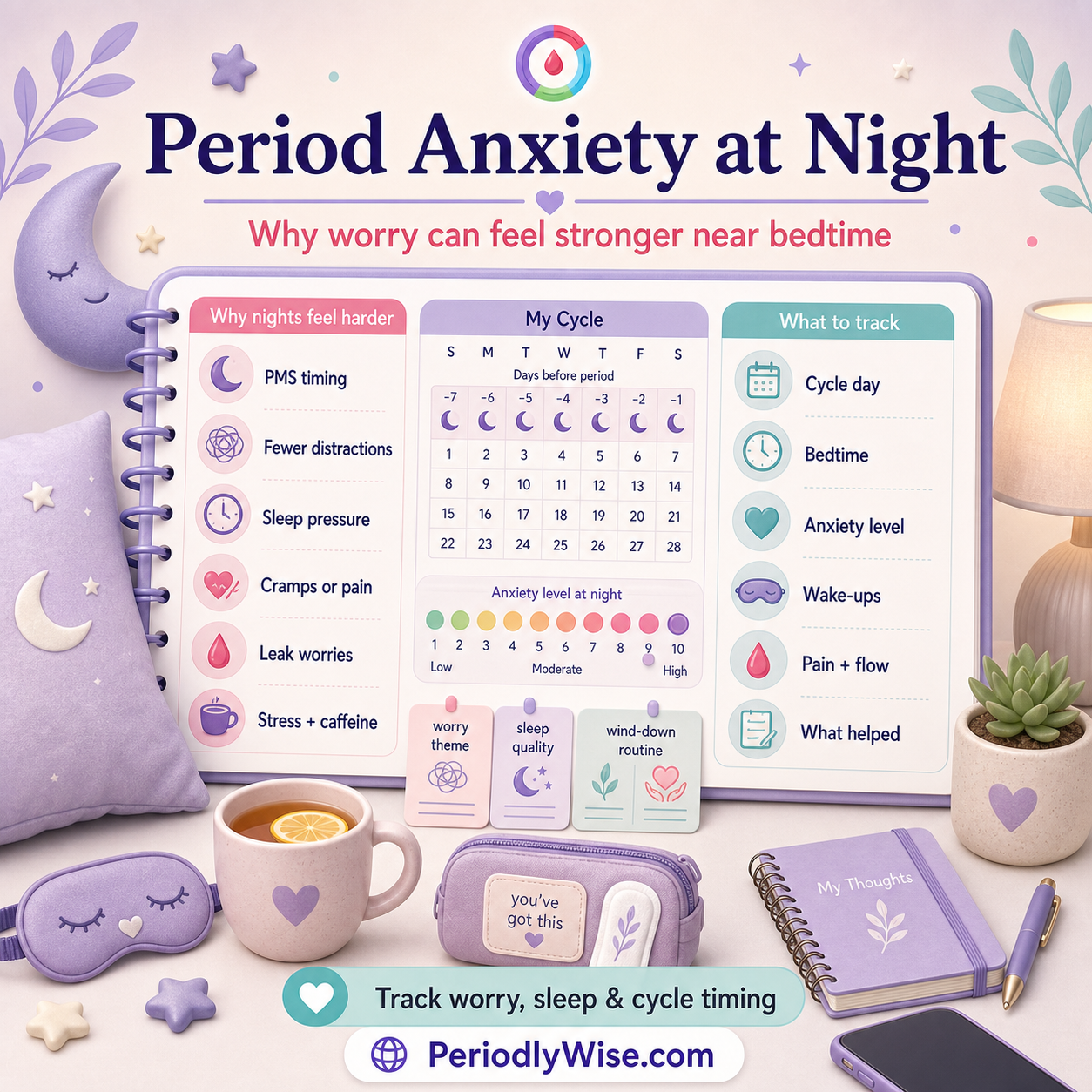 PeriodlyWise illustration about period anxiety at night with PMS timing, sleep pressure, cramps, leak worries, stress, caffeine, bedtime, anxiety level, wake-ups, pain, flow, and wind-down tracking labels