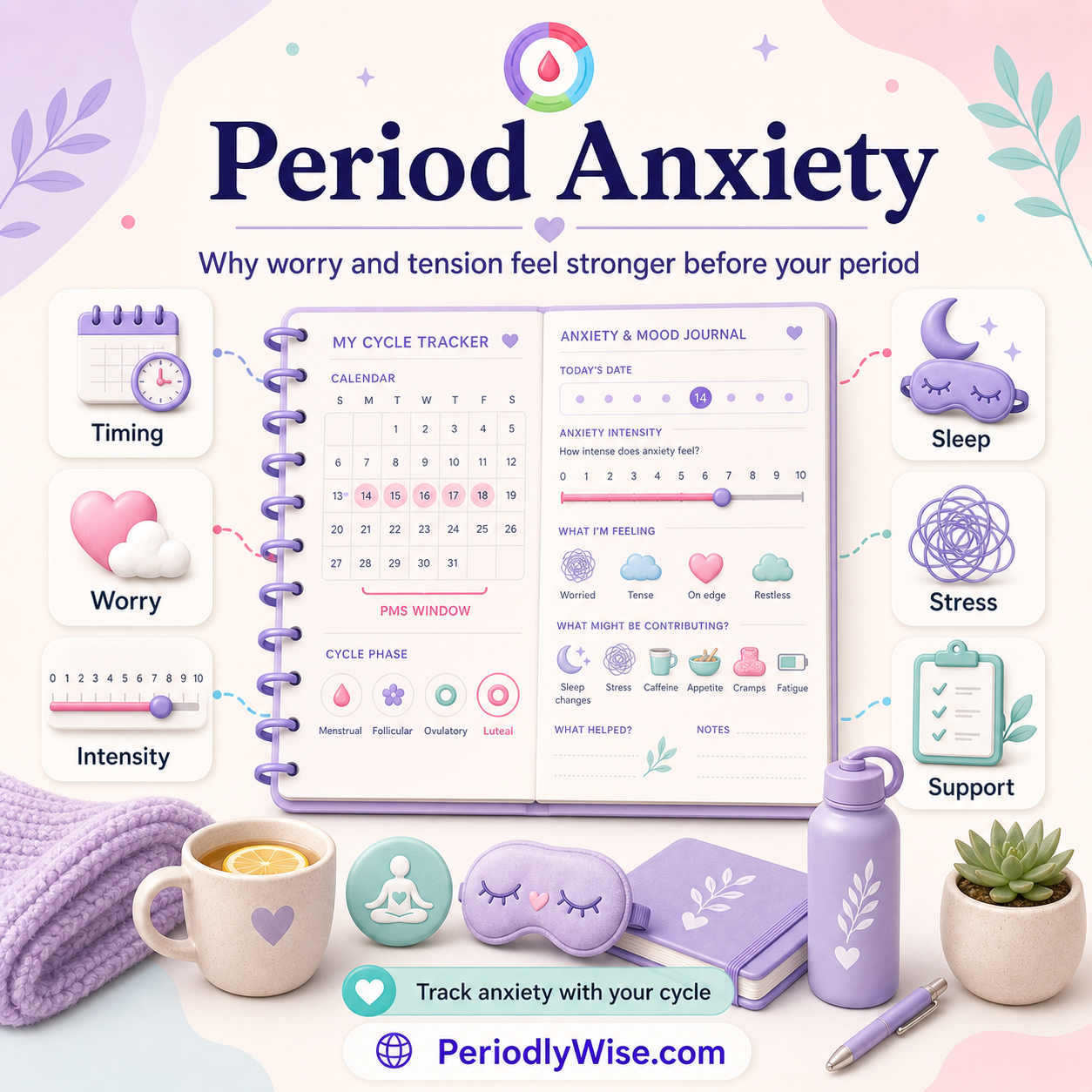 PeriodlyWise illustration about period anxiety with timing, worry, intensity, sleep, stress, support, and cycle tracking labels