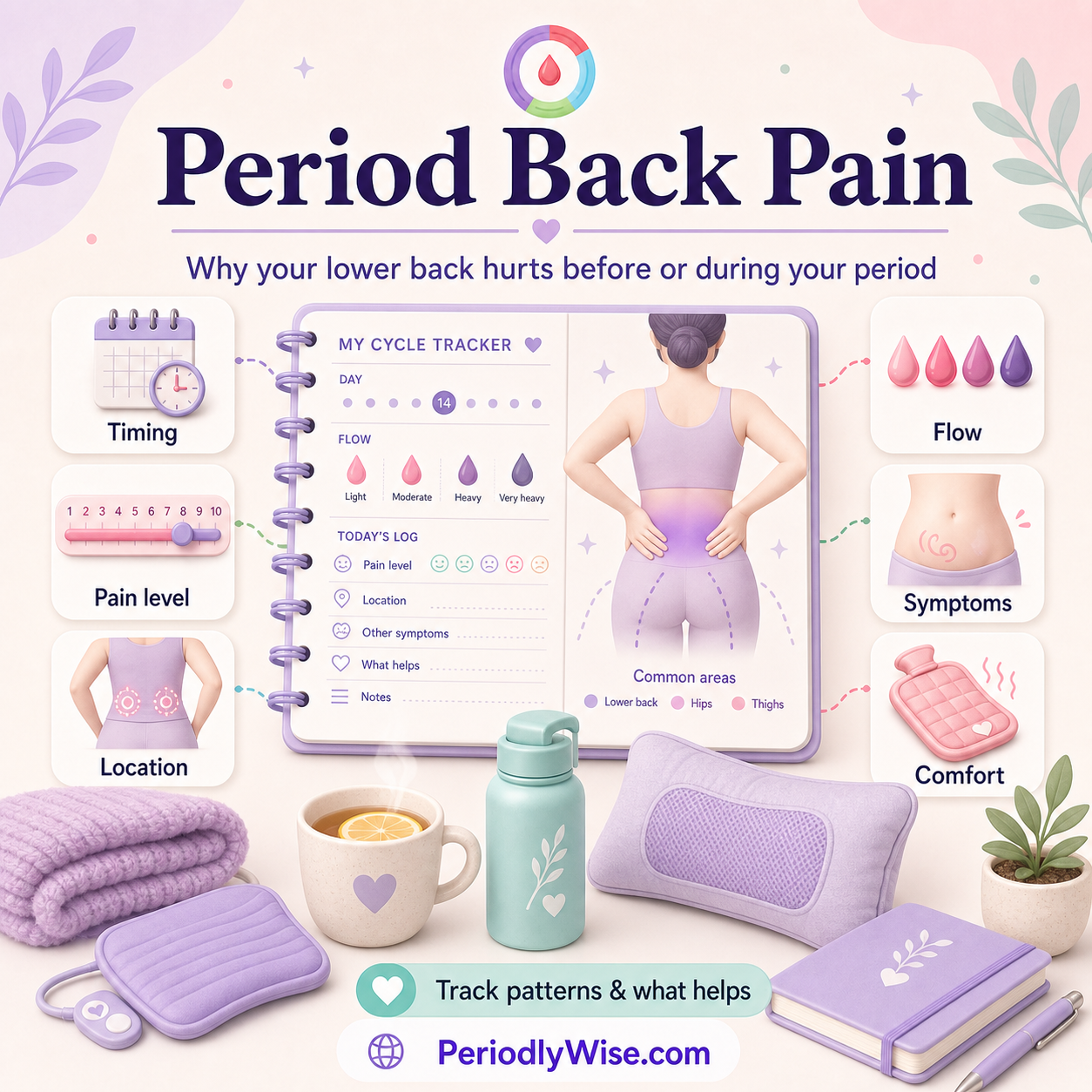 PeriodlyWise illustration about period back pain with timing, pain level, location, flow, symptoms, comfort, and cycle tracking labels