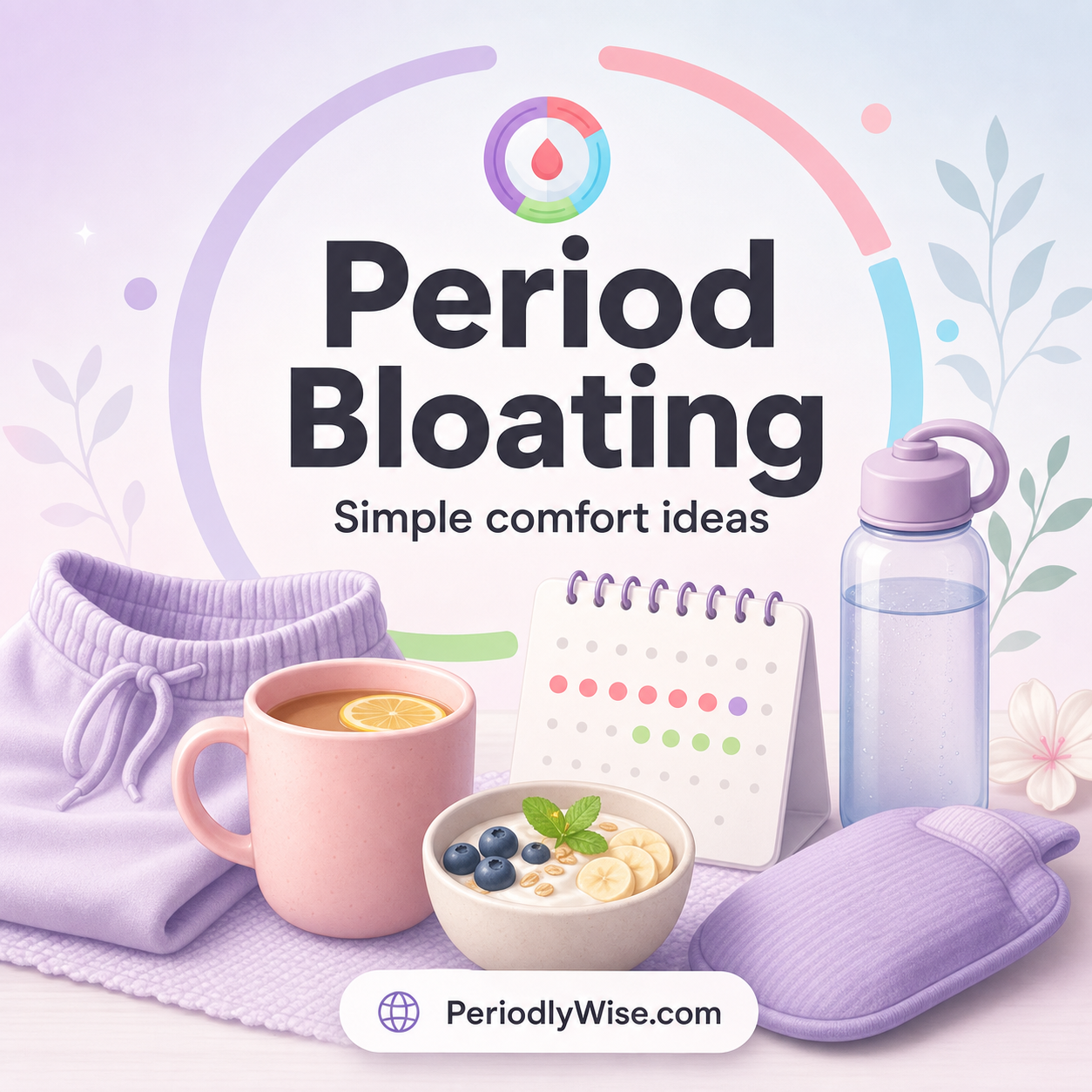 PeriodlyWise illustration about period bloating with water, warm drink, comfortable clothing, a calendar, and simple comfort ideas