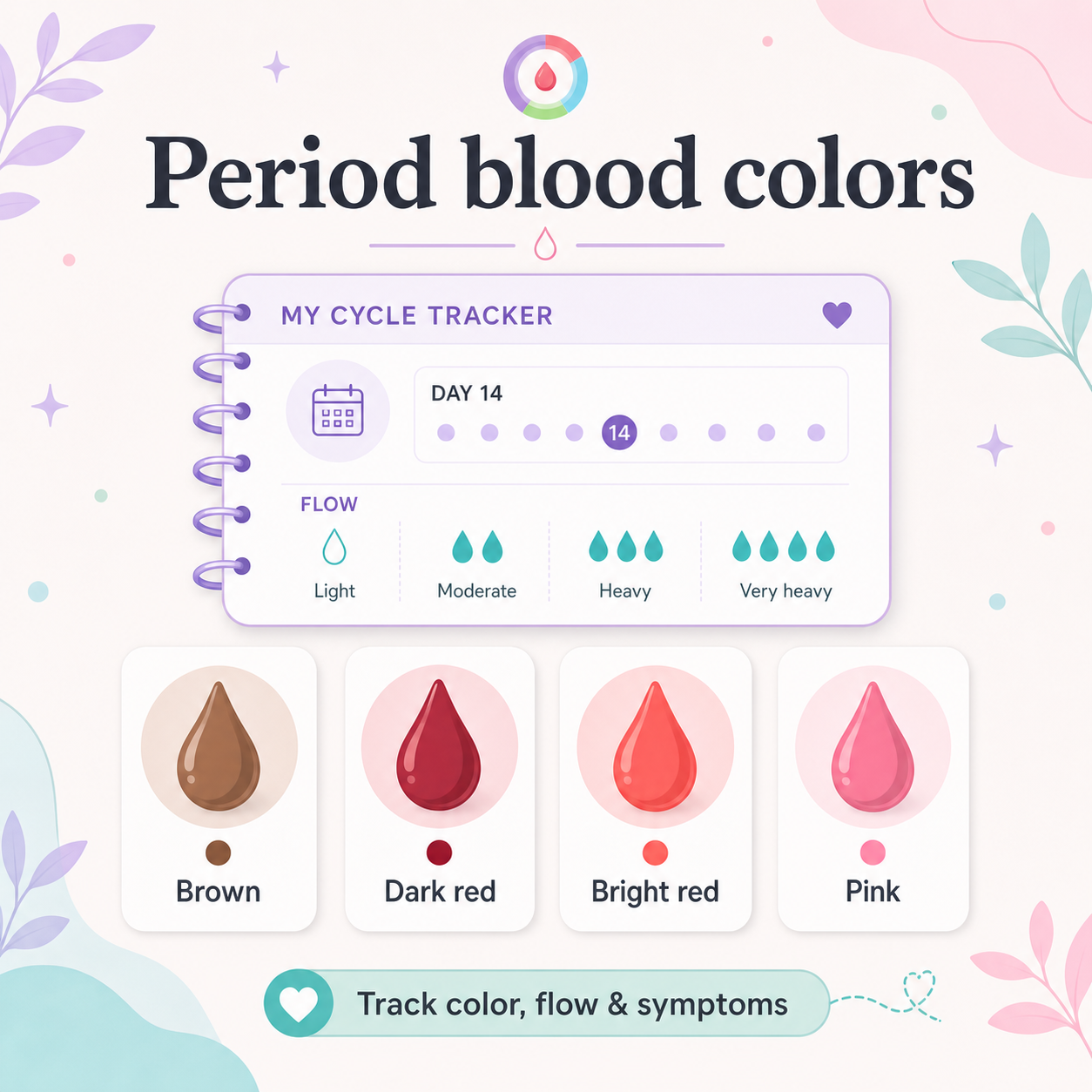 PeriodlyWise illustration showing period blood color cards for brown, dark red, bright red, and pink with flow and symptom tracking