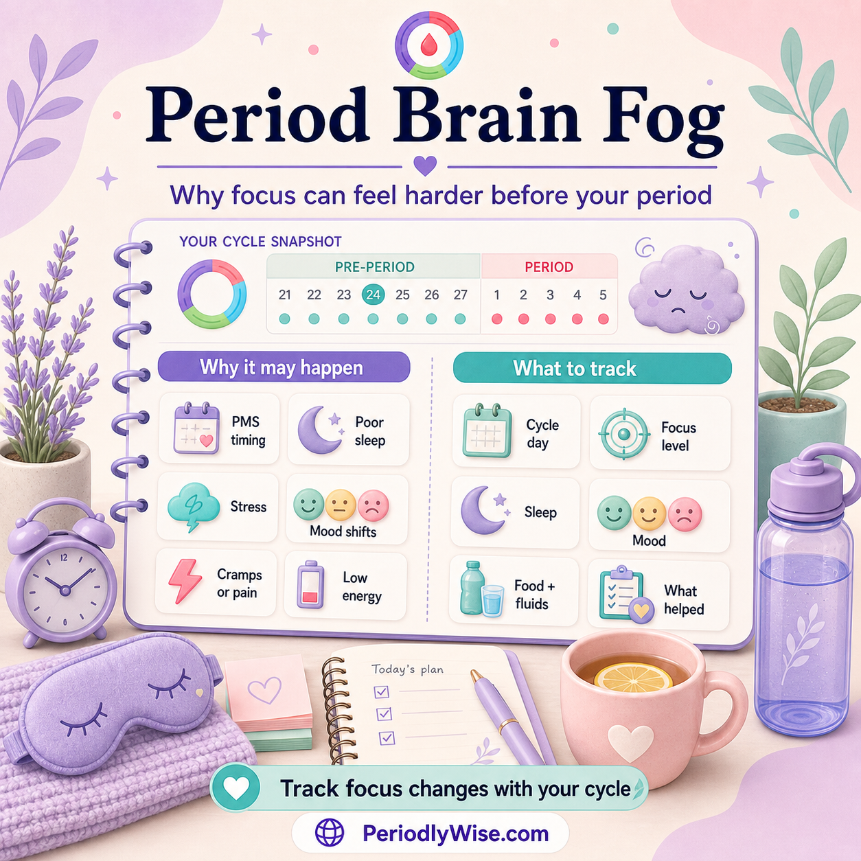 PeriodlyWise illustration about period brain fog with PMS timing, poor sleep, stress, mood shifts, cramps, low energy, cycle day, focus level, sleep, mood, food, fluids, and what helped tracking labels