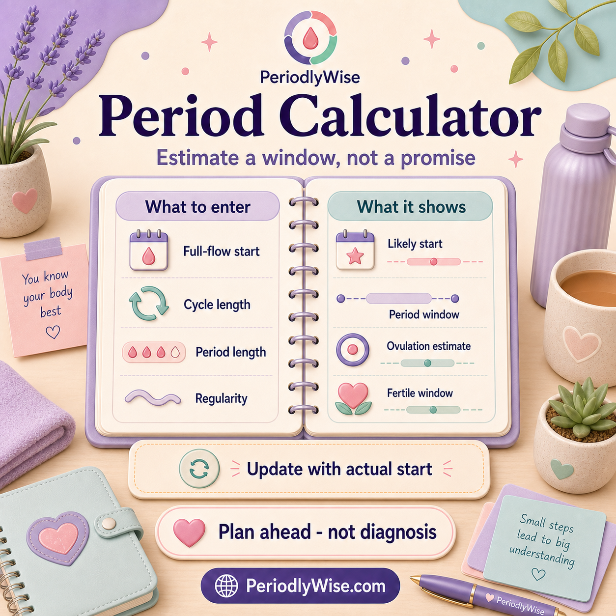 PeriodlyWise informative visual showing period calculator inputs, the estimated next period, a realistic period range, cycle context, and important medical limits