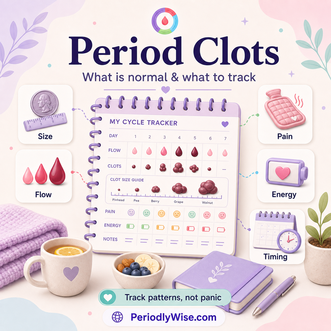 PeriodlyWise illustration about period clots with clot size, flow, pain, energy, timing, and cycle tracking labels